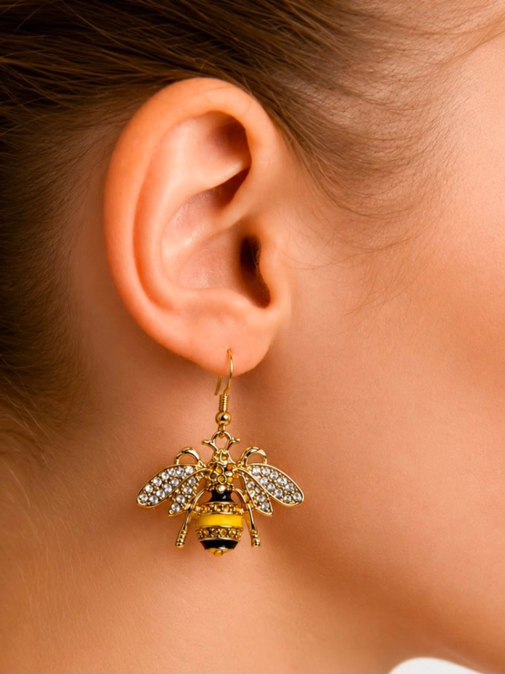 Bee Dangle Earrings Gold Tone Crystal Bumble Bee Drop Honey Bee Jewelry Gift